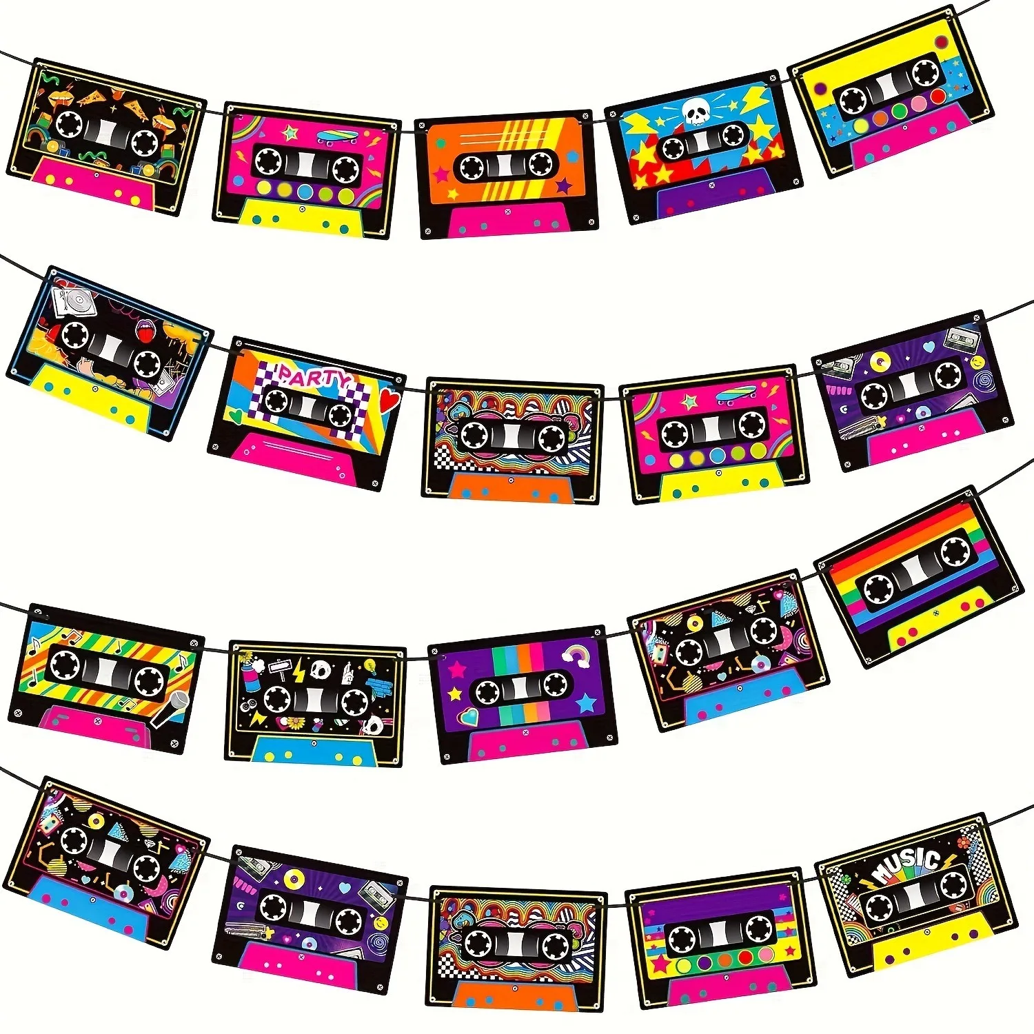 Vintage Kassettenband-Ausschnitt-Wimpelkette, Farbenfrohe Retro-Bandbanner für 80er 90er Hip-Hop Musik Party Dekoration