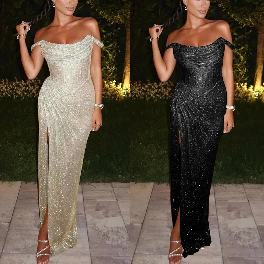 

Women Sexy Sliding Shoulder Nightclub Shinny Gowns 2026 Pleated High Split Evening Party Dress Elegant Girdling Gala Dresses