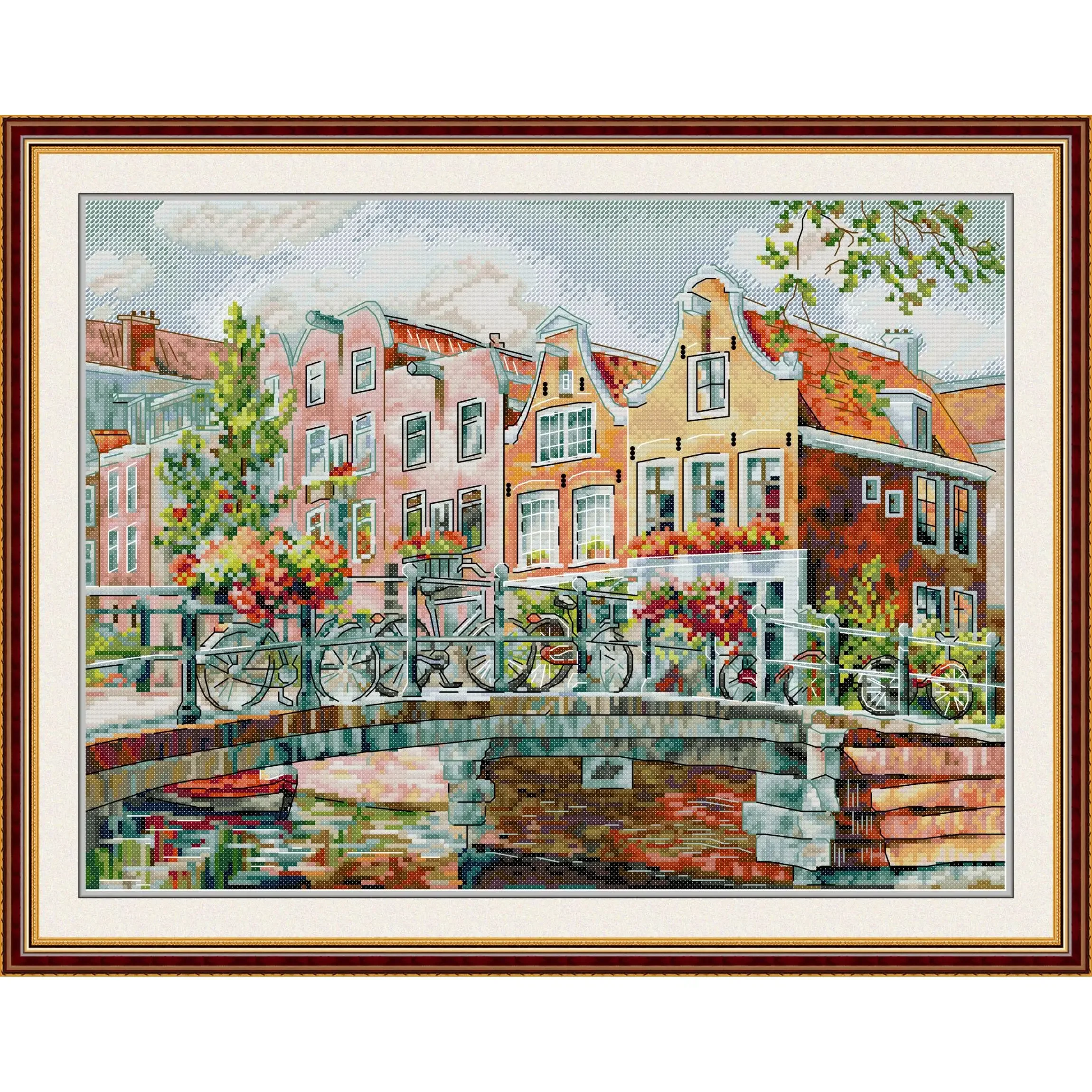 Joy Sunday Pre-printed Cross Stitch Kit  Easy Pattern Aida  Stamped Fabric Embroidery Set-Amsterdam Canals