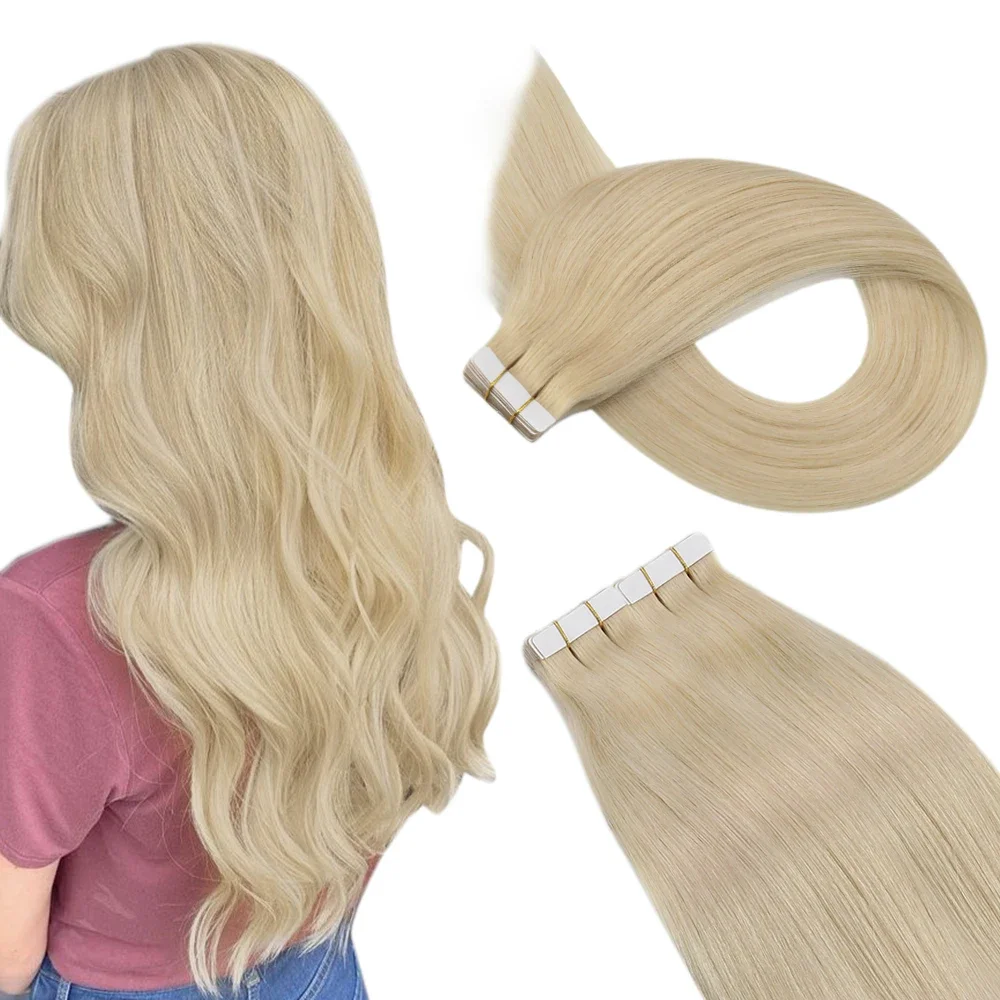 Extensions de Cheveux Humains Naturels Remy, Vrais Cheveux Humains, Bande Invisible, PU, Sans Couture, Blanc, Platine, Blond 60