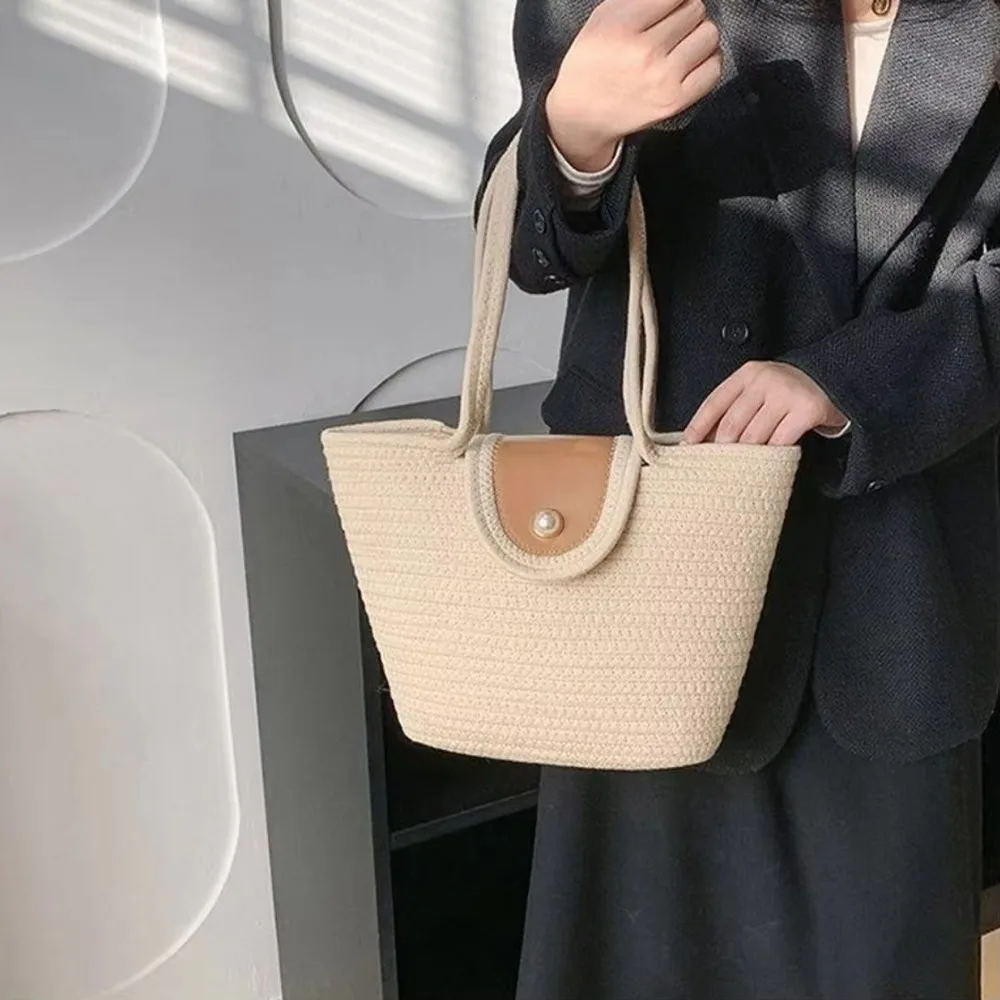 

Elegant Sweet Braided Tote Bag Cotton Rope Large Capacity Cotton Thread Woven Bag Summer Pearl Beach Vacation Bag Woman