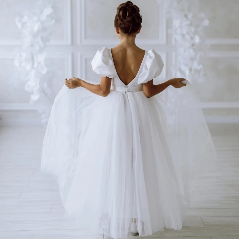 Flower Girl White Tulle Vestidos, Manga Curta De Cetim, Casamento, Festa De Aniversário, Banquete De Baile, Vestidos De Princesa