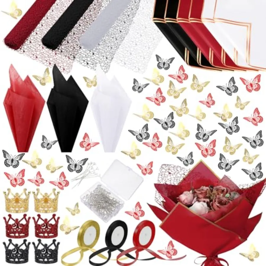 

334 Pcs Flower Wrapping Paper Set with Waterproof Floral Bouquet Design for Wedding Party Decorations 72 3D Gold Butterfly Orna