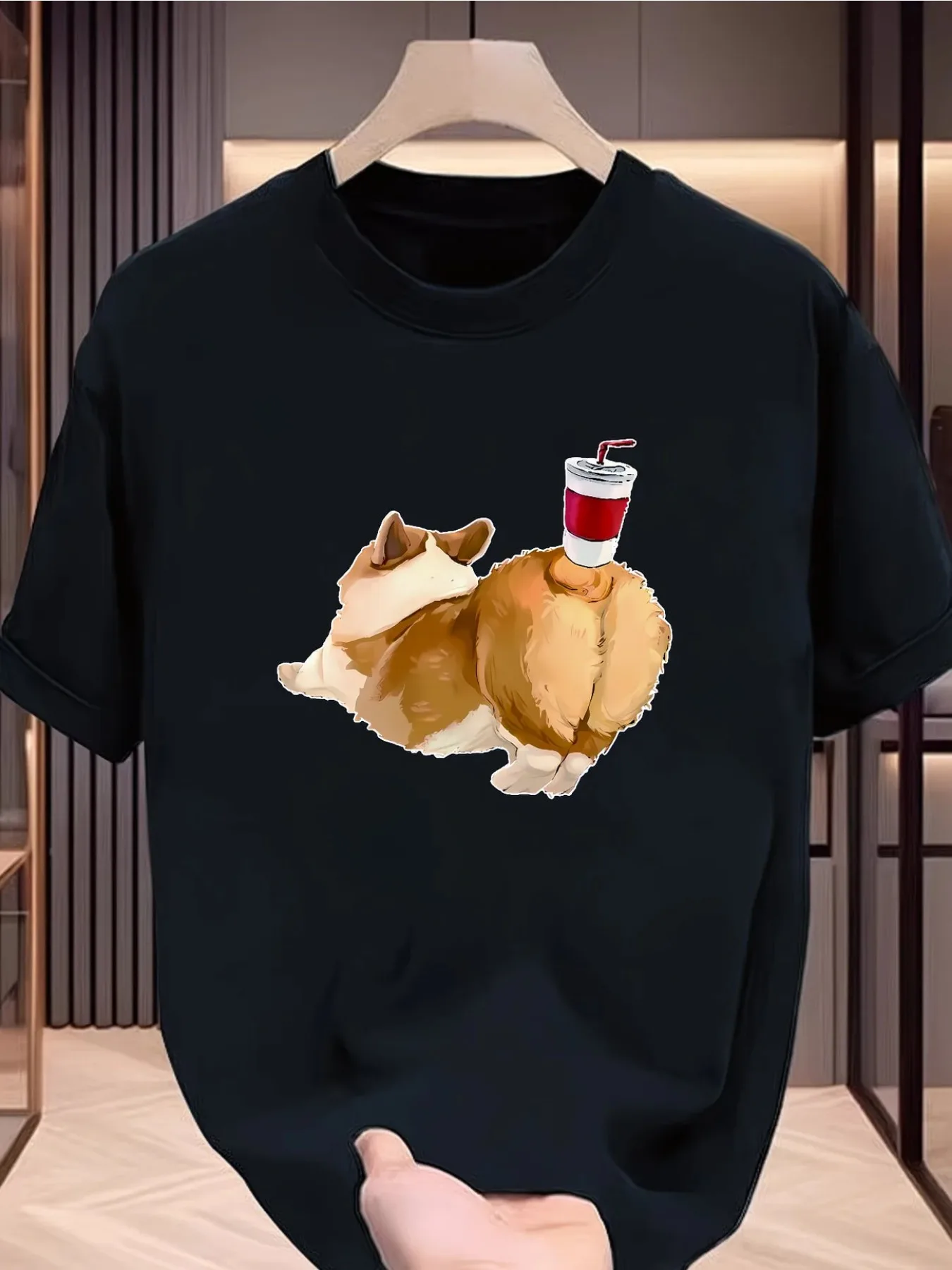 Funny Corgi Butt Drink Printed T-shirt for Men and Women Cute Dog Loose Round Neck Short Sleeve Summer Casual Top