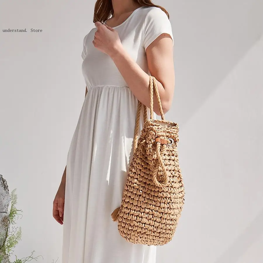 Picture 3: Handmade Drawstring Beach Shoulder Bags Raffia Rattan Woven Travel Handbags Bali Lady Backpacks Summer Straw Backpack for Women