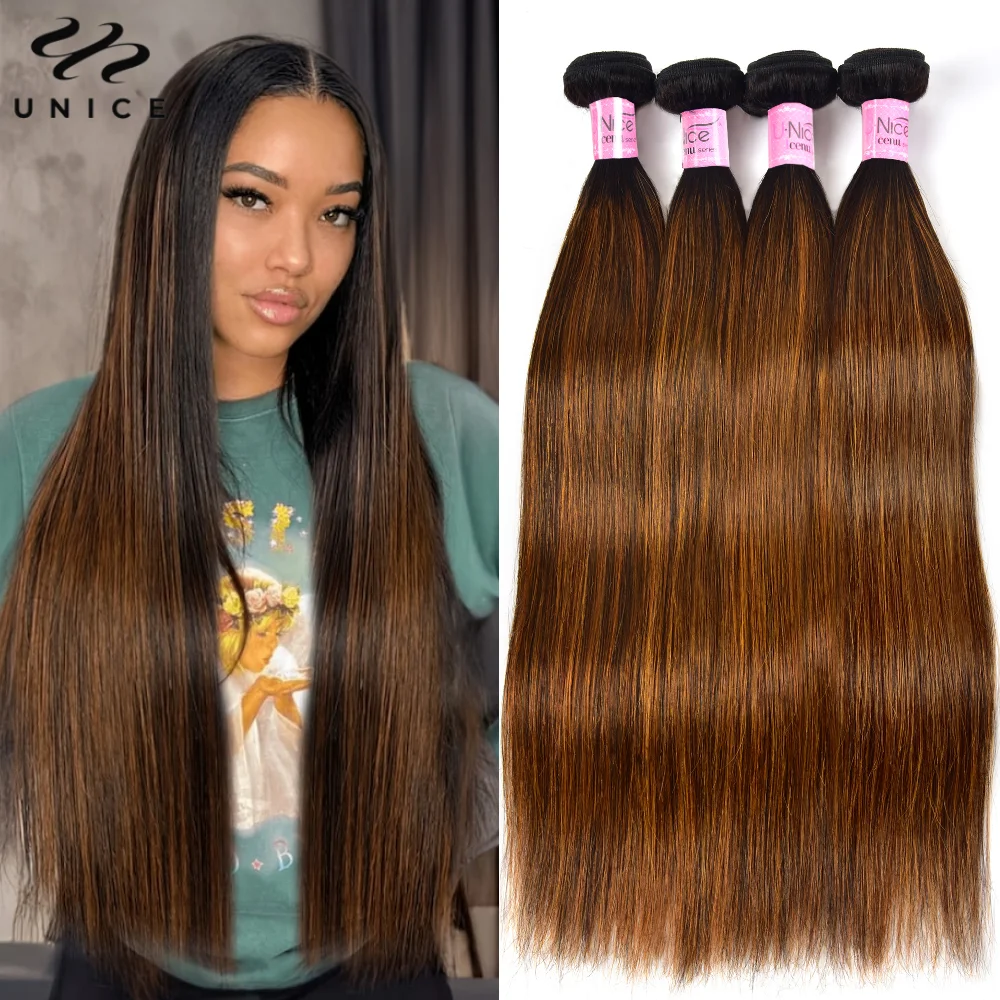 Unice Brown Balayage Straight Pacotes de cabelo humano, cor do destaque, 100% cabelo humano, costurar em tecer, negócio, 1, 3, 4 pcs