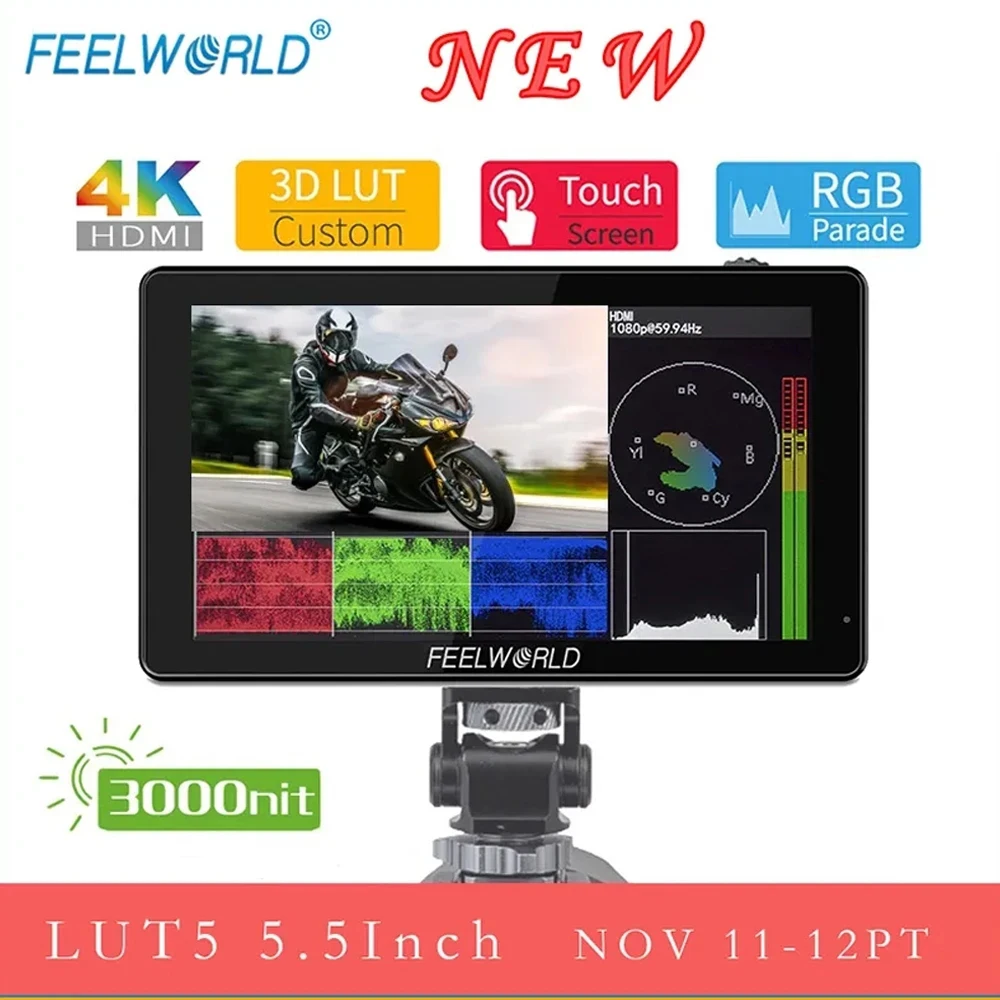 

FEELWORLD LUT5 5.5 Inch Ultra High Bright 3000nit 4K HDMI Input Output Touch Screen DSLR Camera Field Monitor With Instal Kit