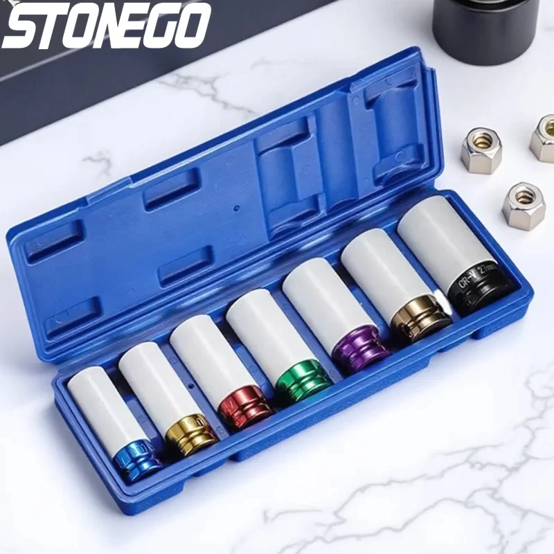 

7PCS Pneumatic Wrench Set 1 2 Inch Drive Impact Socket Colorful Modified Tire Screw Air Cannon Slim Extended Socket Tool Kit