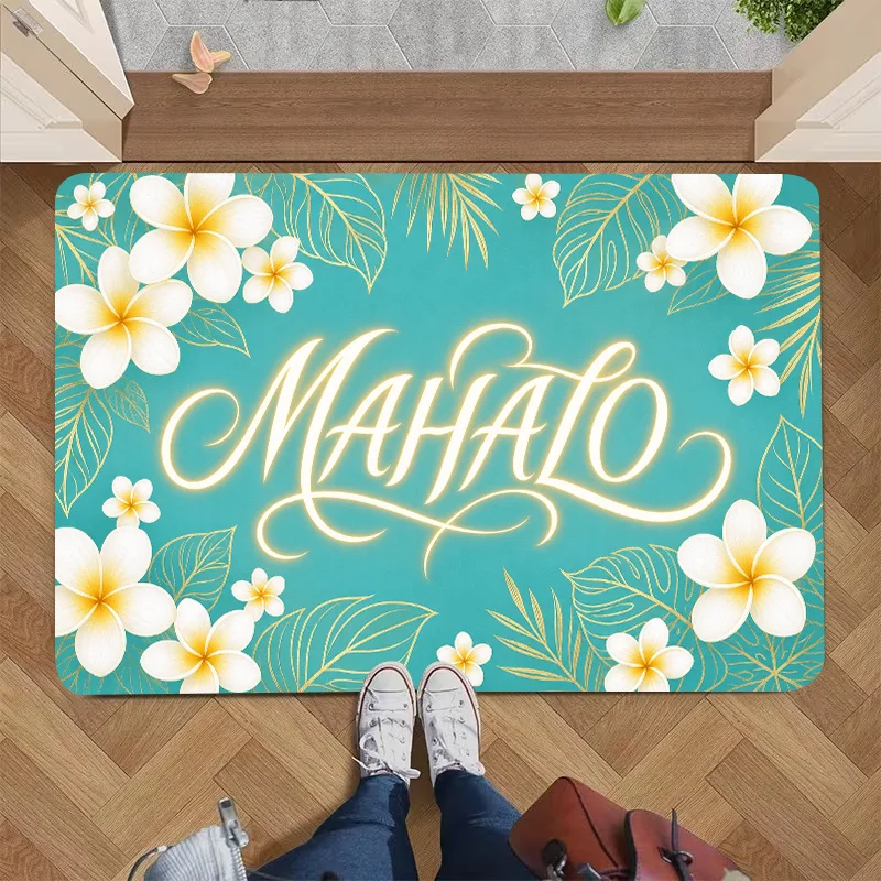 Tropical Floral Mahalo Welcome Doormat Outdoor Indoor Mat for Home Decor Entryway Boho Beach Aloha Polynesian Hawaiian Thank You