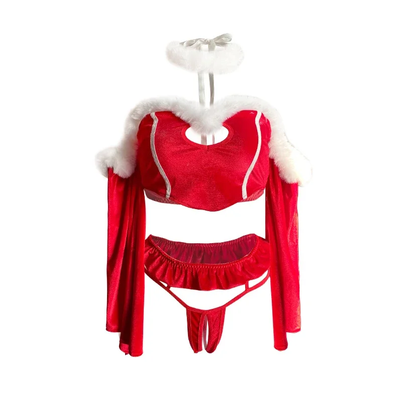 النساء القطيفة مثير الدعاوى قبالة الكتف طويلة الأكمام قمم السروال Christmax المثيرة HotSweet 3 قطع المخملية منامة مجموعة