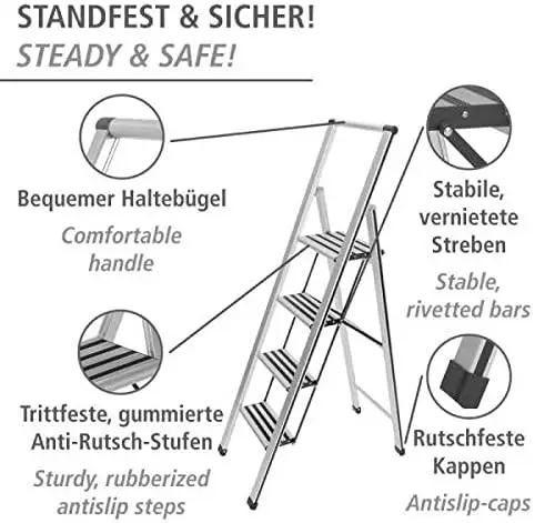 WENKO 4 Step Ladder, Aluminum Folding Step Stool with Wide Anti Slip Steps, Heavy Duty Step Stool, Hold up to 330lbs