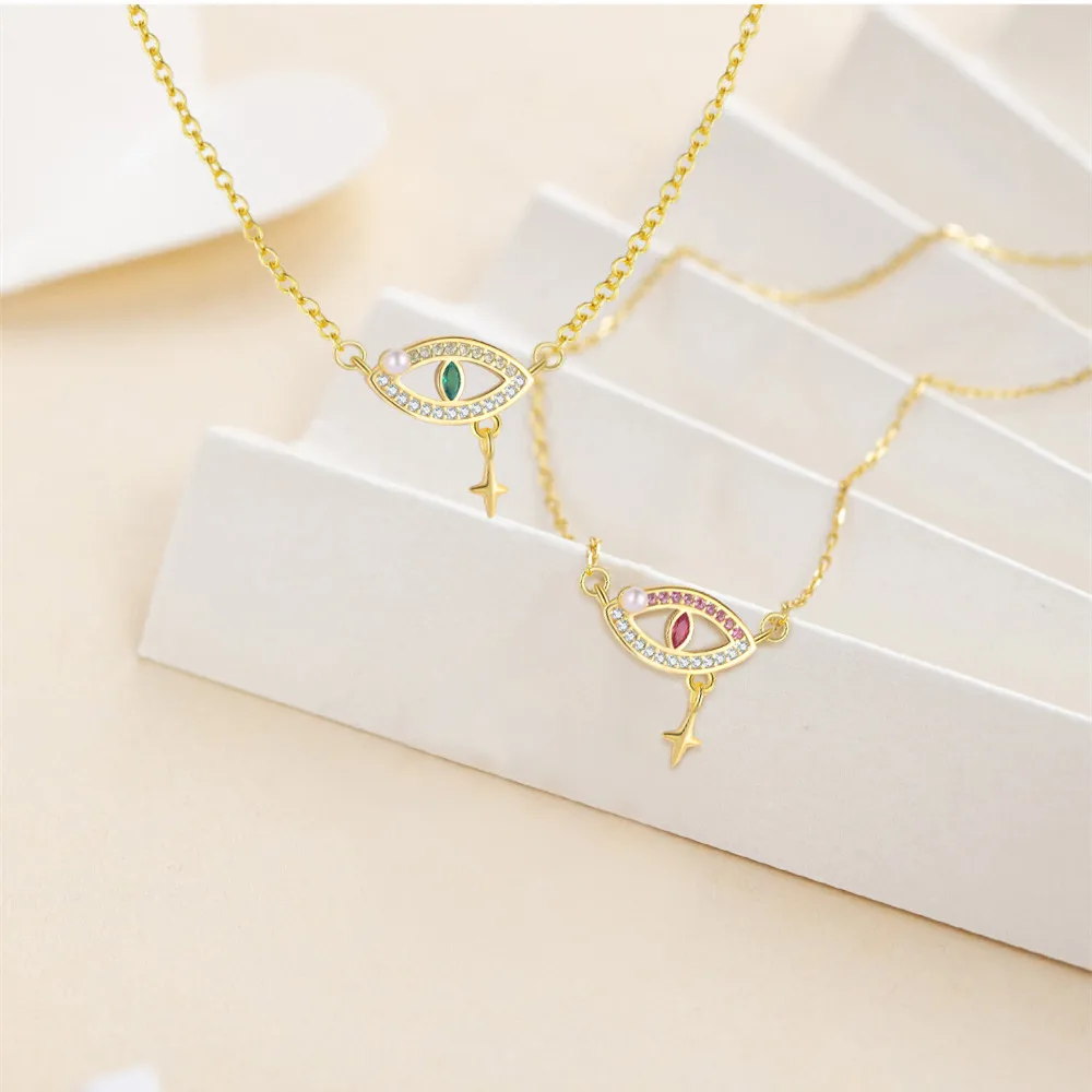 الياقة الأوروبية الأنيقة - قلادة نسائية S925 Pearl Evil Eye ذات 4 شرابة مدببة