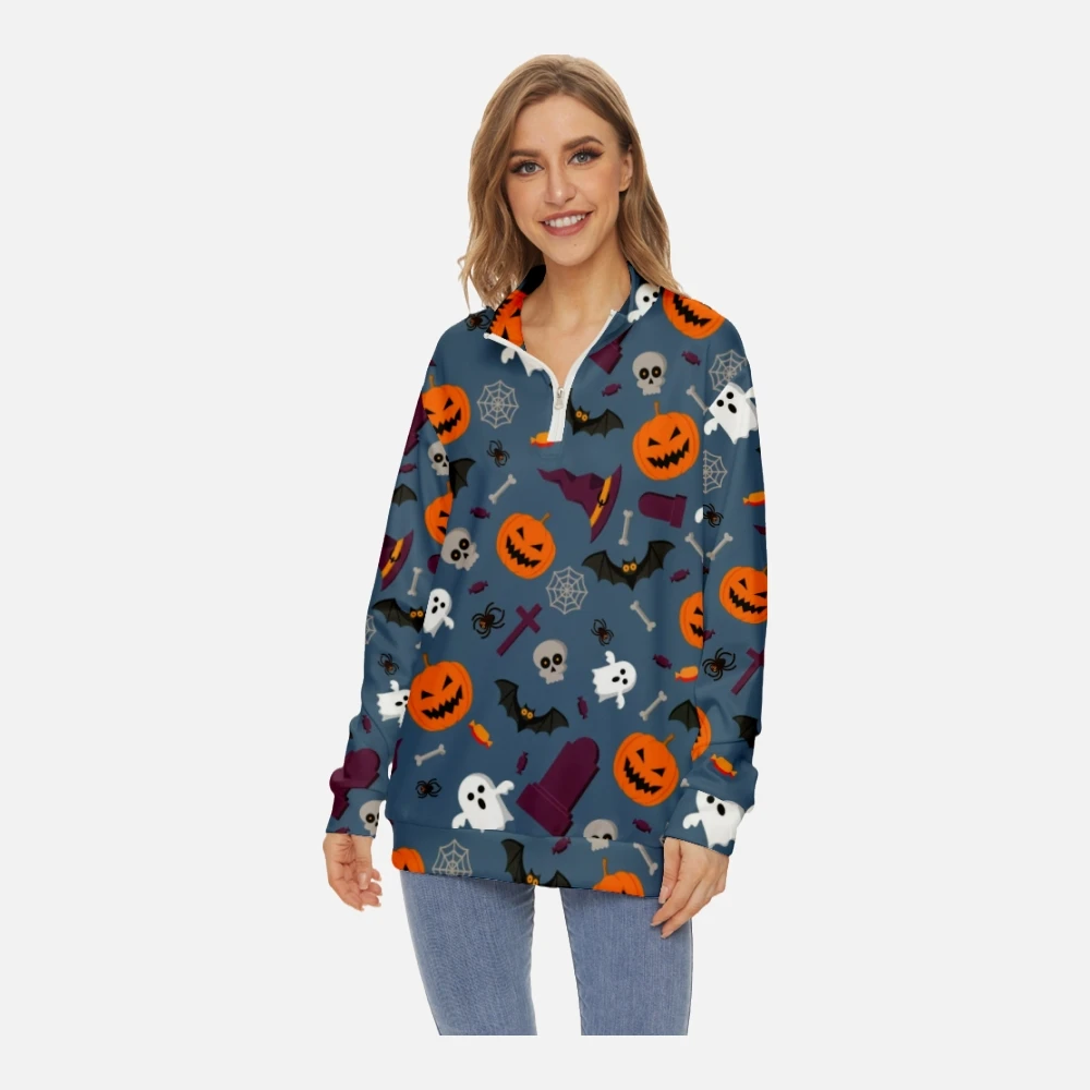 

Women Fashion Halloween Printing Sweatshirt Long-sleeved Half Stand Collar Zip Crew Neck Sweatshirt Spring Long Sleeve