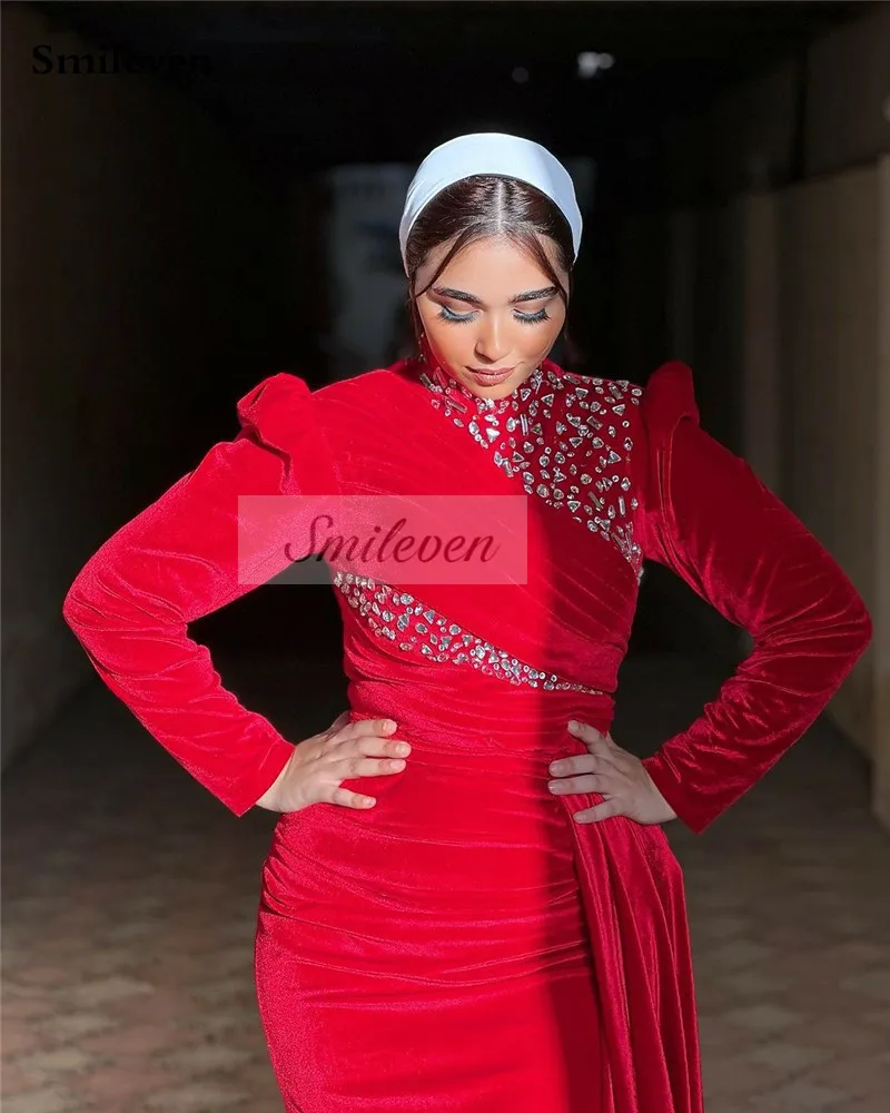 Smileven Red Velour Moroccan caftan Formal Evening Dresse High Neck Long Sleevees High Neck Beading Women Prom Party Gowns 2024