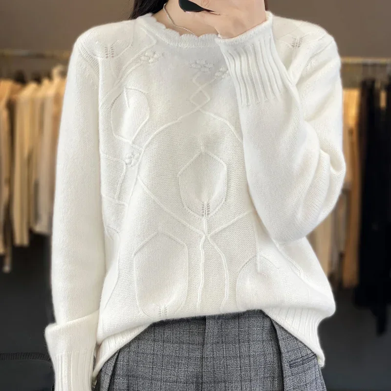 Tailor Sheep Trend 100% Beautiful Merino Wool Sweater Women's Knitted O-Neck Hollow Pullover Short Style Hot Sale Sweater