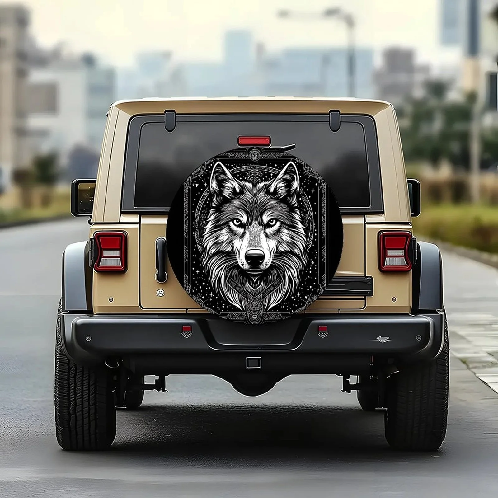 Tribal Wolf Portrait Tire Cover Polyester Fiber Wheel Protection Cover for Cars