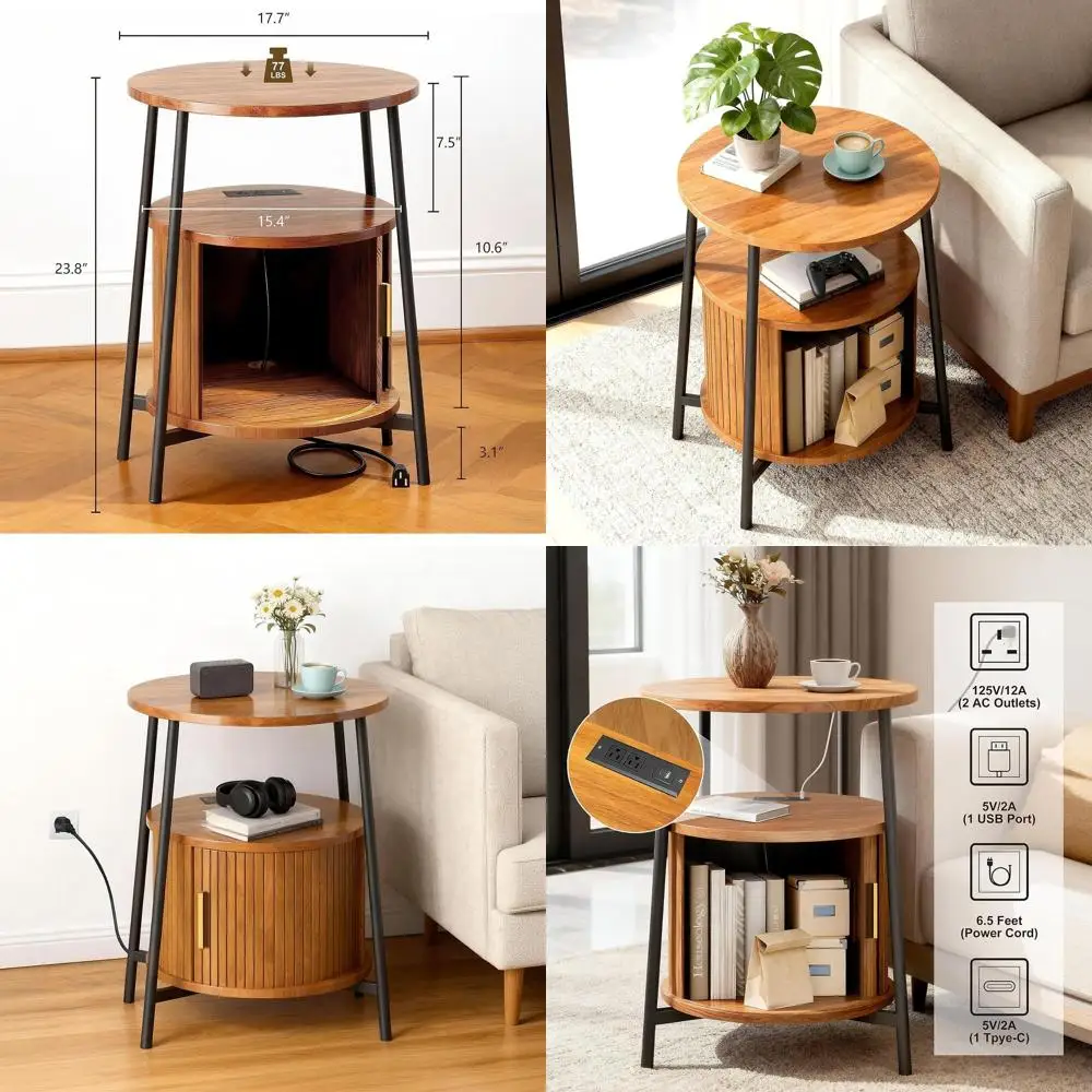 

Mid-Century Modern Nightstand with Storage and Charging, Fluted Side Table for Compact Spaces in Living Rooms, Bedrooms, and Sof