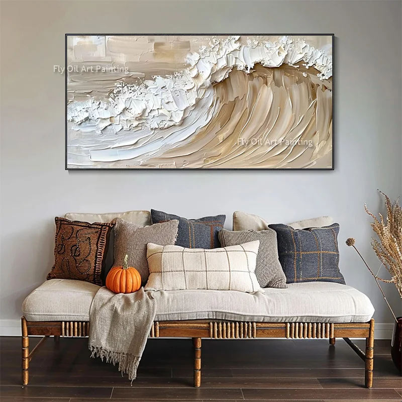 Handmade Blue Brown Seawave Knife Thick Oil Painting Large Blue White Sea Scape Canvas Painting Modern Wall Art Sea Artwork