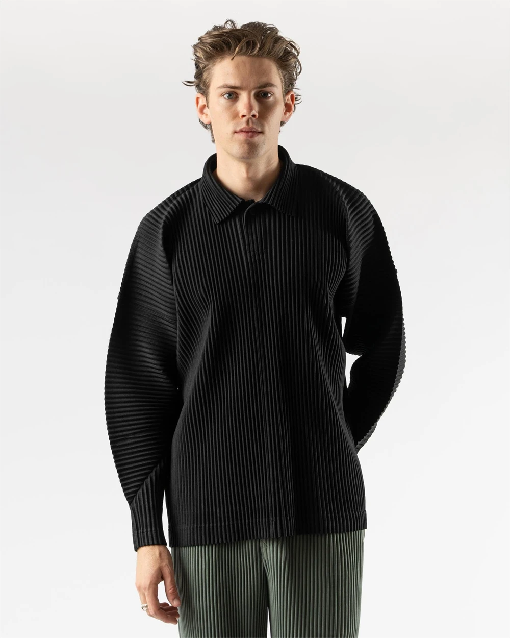 Miyake Pleated Polo Top for Men, Collared Long Sleeve Shirt, Stretch Relaxed Fit for Daily Wear