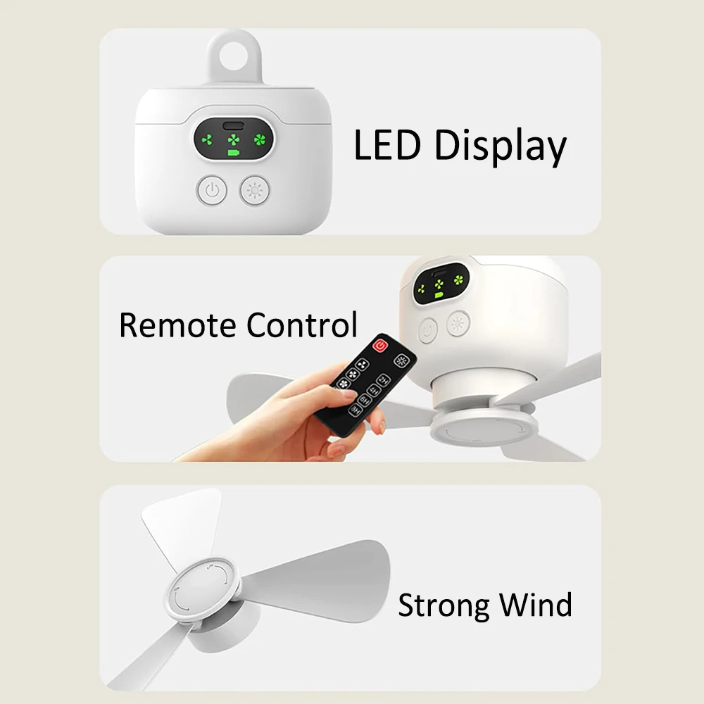 8000mAh Tragbarer Deckenventilator, Outdoor-Campingventilator, Zelt-Luftzirkulator, wiederaufladbarer elektrischer Ventilator mit Fernbedienung und LED-Licht – Detail 11