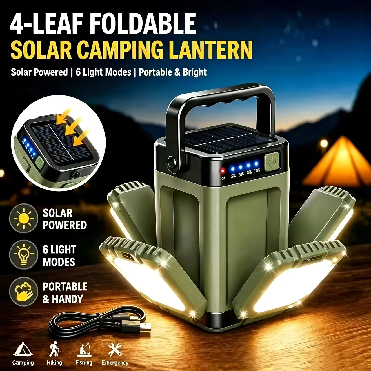 Outdoor Solar Light Type-C Rechargeable Flashlight Portable Power Bank Lamp LED Hanging Tent Light for Camping Hiking Fishing