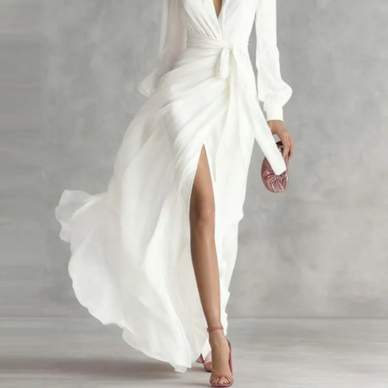 sexy bohemian dresses Women Sexy Ruffled Off Shoulder Thigh Split Flowy Maxi Boho Dress Tie Waisted High Slit Smocked Long Sundress(OR-S) at Amazon Women's Clothing store