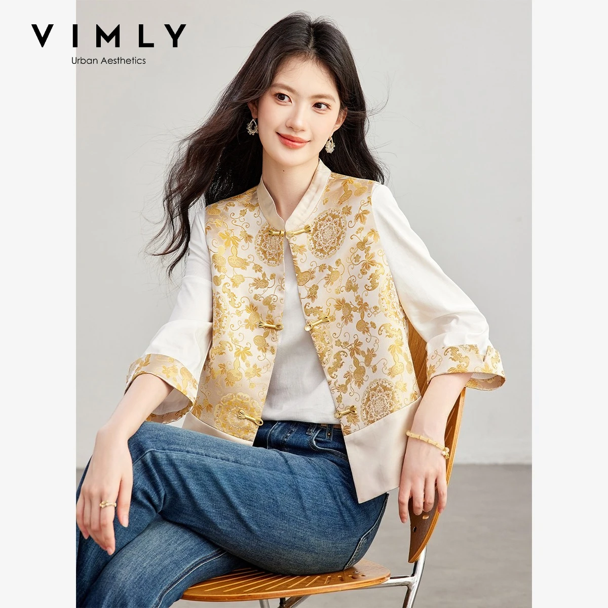 VIMLY Chinese Style Two-piece Set 3/4 Sleeve Round Neck T-shirt Jacquard Sleeveless Vest for Women Fall Matching Outfit A7530
