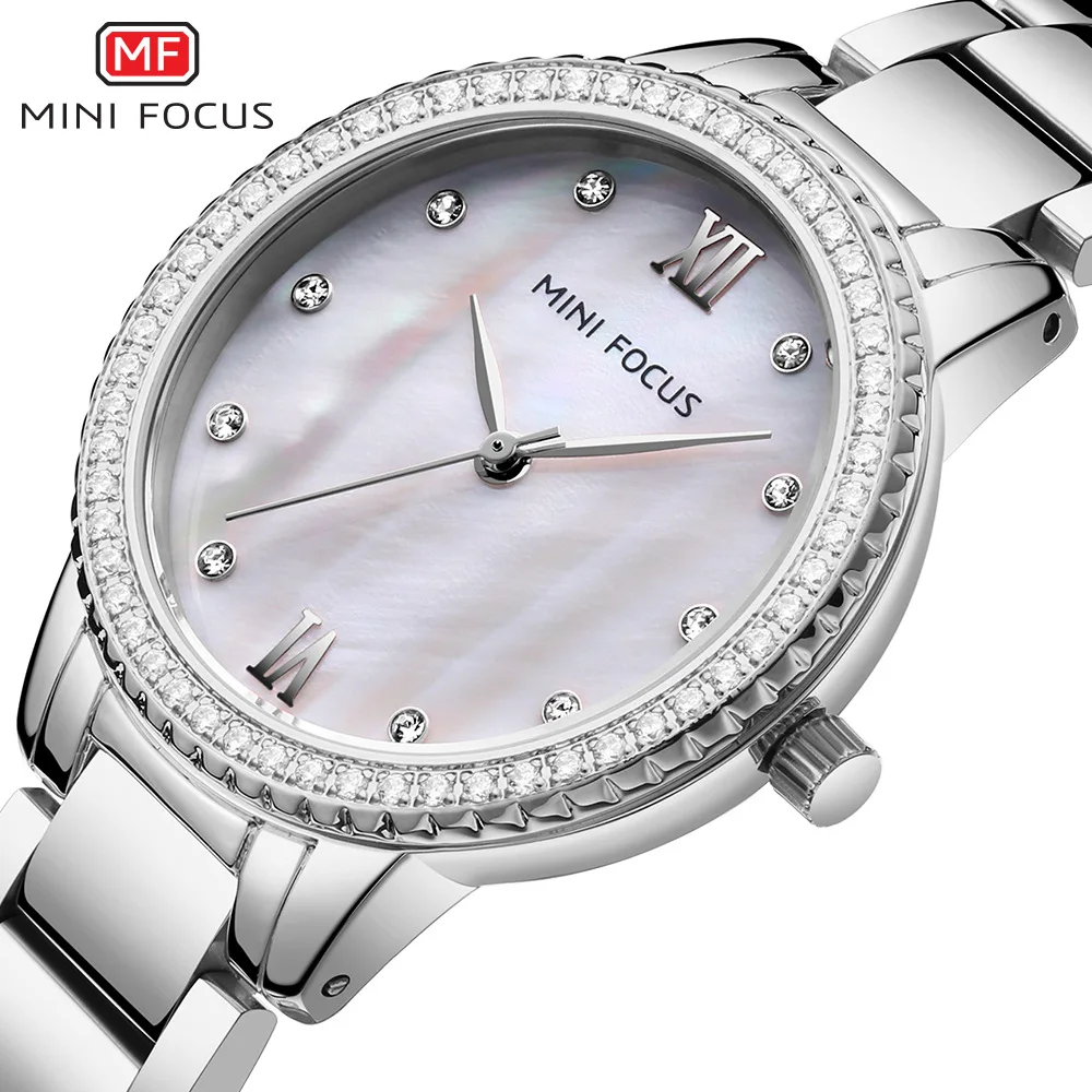 

MINI FOCUS 0226L Women's Quartz Watches Fashion Simple Diamond Silvery Stainless Steel Strap Wristwatch for Lady Girl Clock Gift