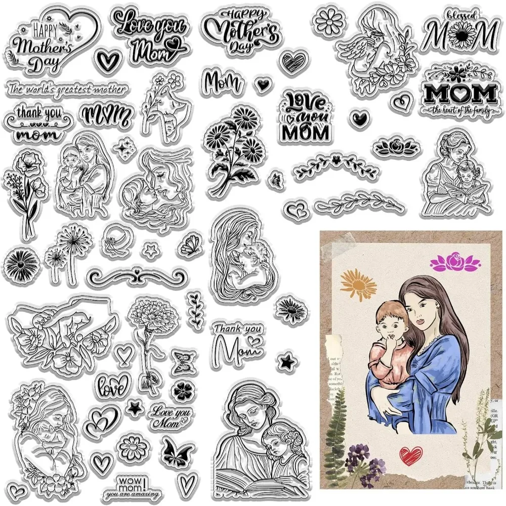 3 Stück, 3 Stile, Muttertags-Thema, PVC-Kunststoff, transparente Stempel für DIY, Scrapbooking, Fotoalbum, dekorative Kartenherstellung, Herz