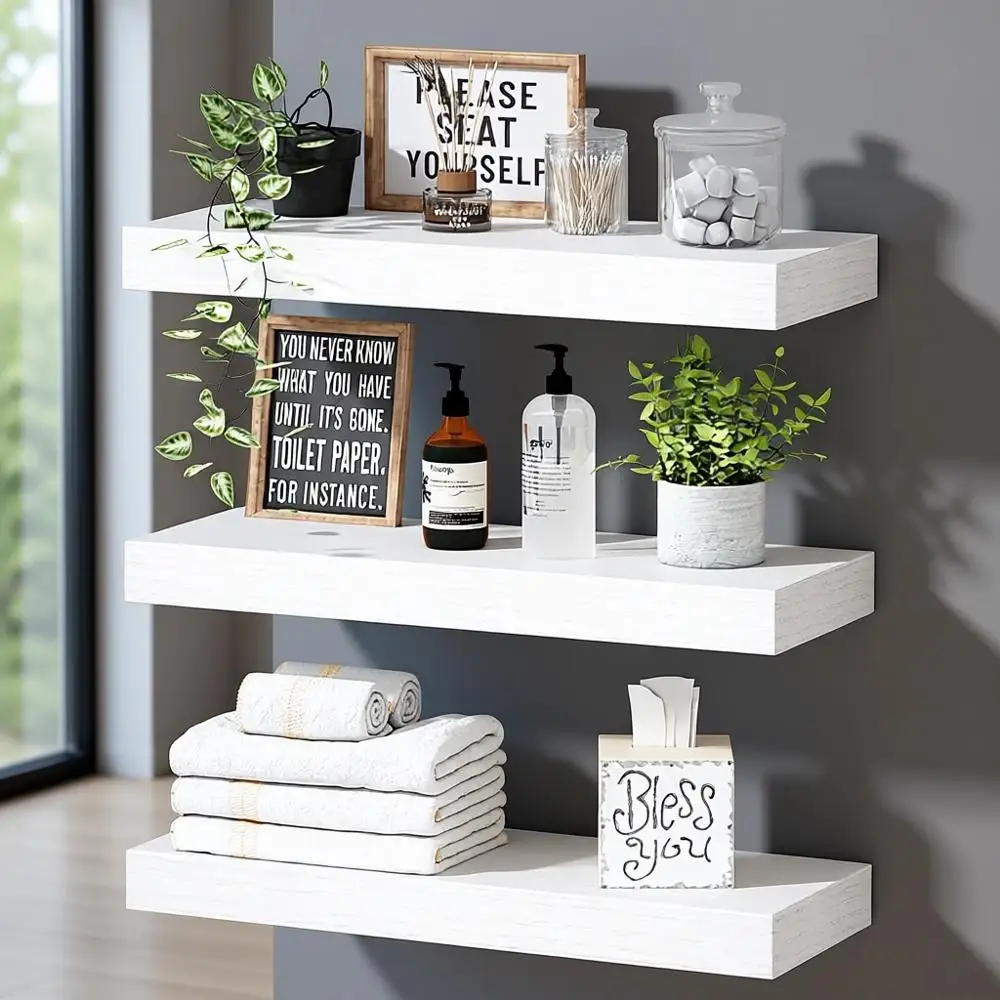 

Floating Shelves Set of 3, 16 Inch White, for Home Decor in Bathroom, Kitchen, Bedroom, and Living Room