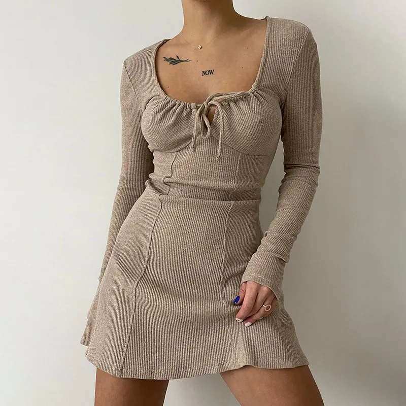 

Women's Elegant Square Neck Lace Up Mini Knitted Dress Female Casual Clothing Commuting Women Fashion High Waist A-line Dresses