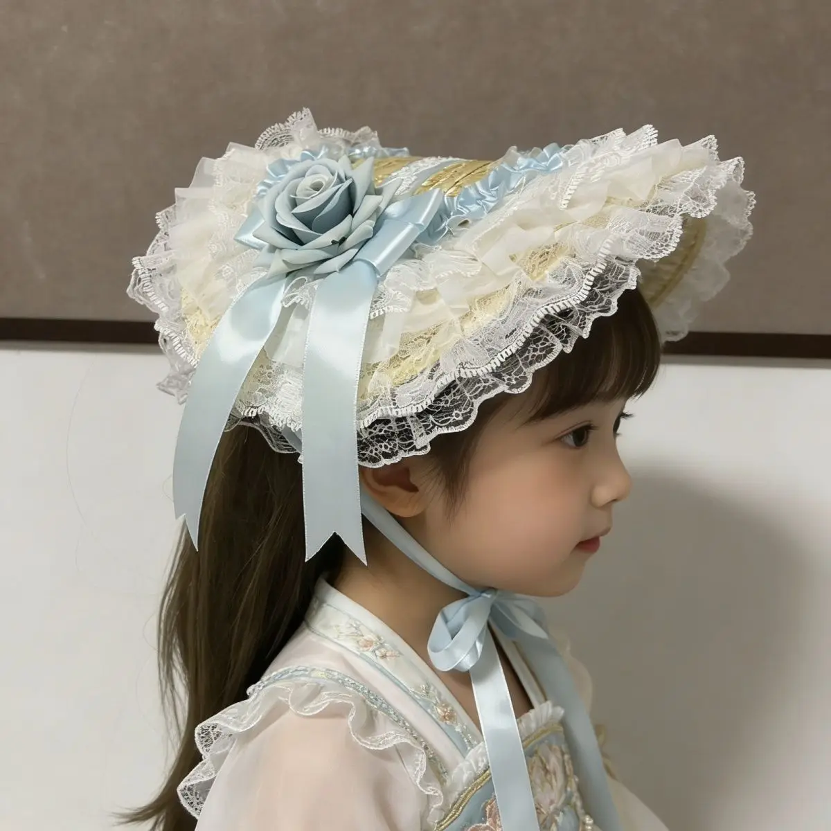 Children Summer Princess Style Lolita Western Style French Lace Flower Grass Weaving Sunshade Hat Girls Photo