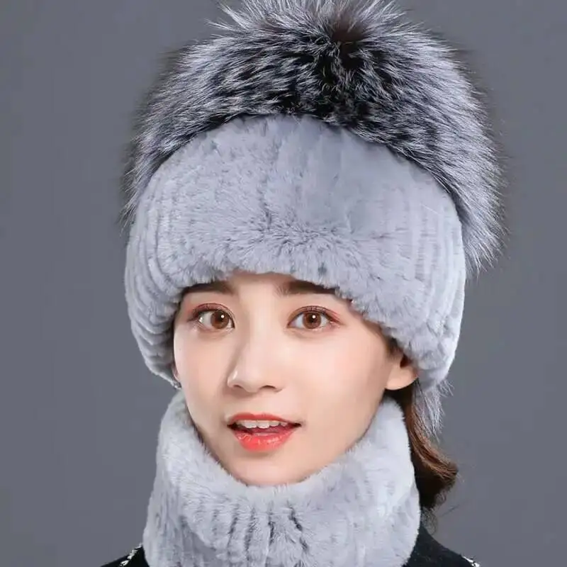 Real Rex Rabbit Fur Hat For Women Winter Fashion Rex Rabbit Fur Scarf Set Natural Silver Fur Hat With Fox Fur Ball Knitted Hat