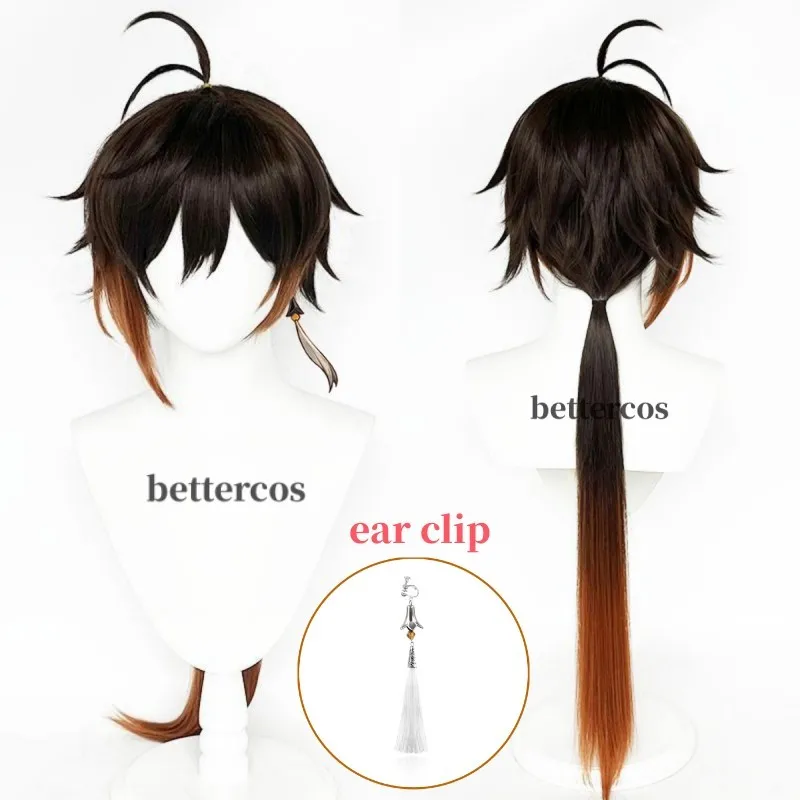 

Game Zhongli Cosplay Wig Impact 90cm Long Brown Orange Cosplay Heat Resistant Synthetic Wigs + Wig Cap