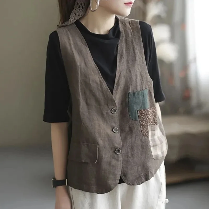 Patch Color Contrast Multi Pocket Patchwork Vest Stylish Retro Fashion 2025 Summer Casual Loose Jacket Women Waistcoat Top