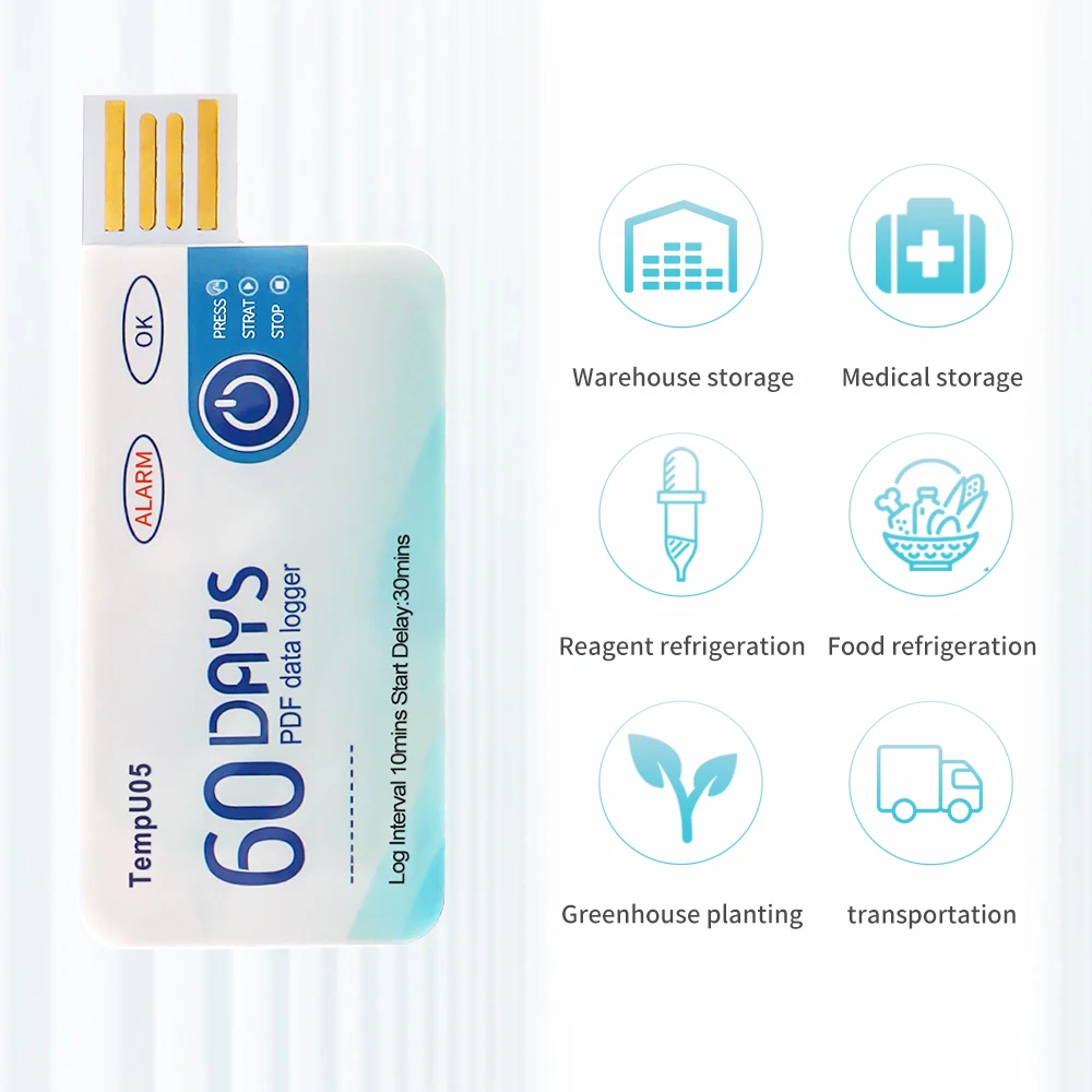 Registrador de Dados de Temperatura Utilização Única Relatório Pdf Usb Tempu05 60 Dias 1pc