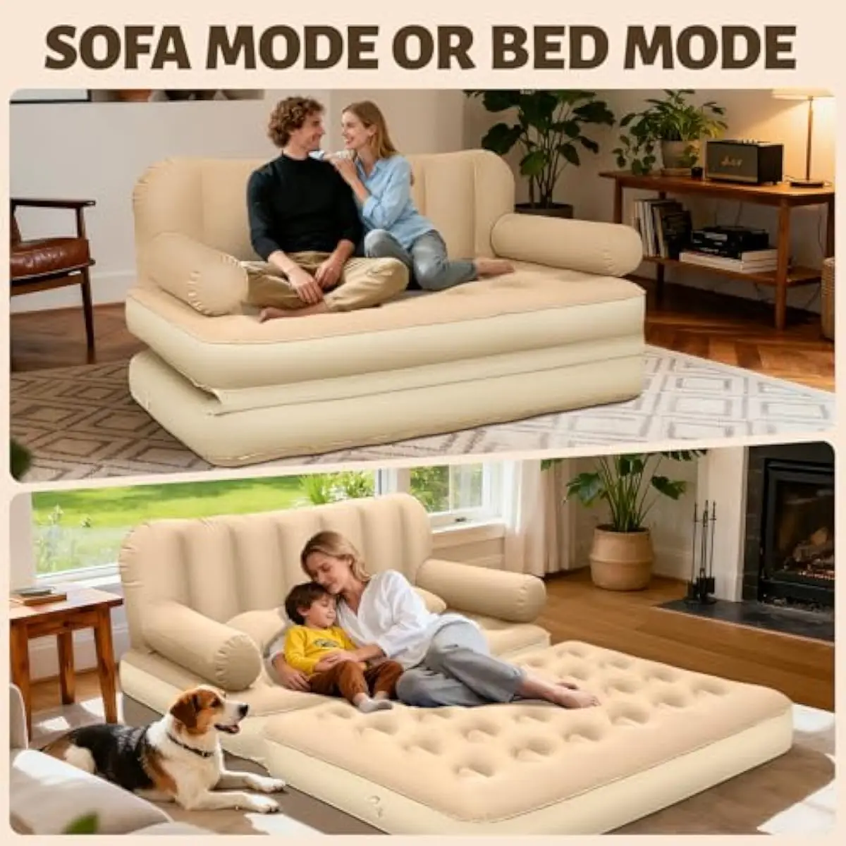 Small Queen Inflatable Sofa Bed Convertible Lounger with Built-in Headboard 74x62x33 Inches PVC Flocked Surface Electric Pump In