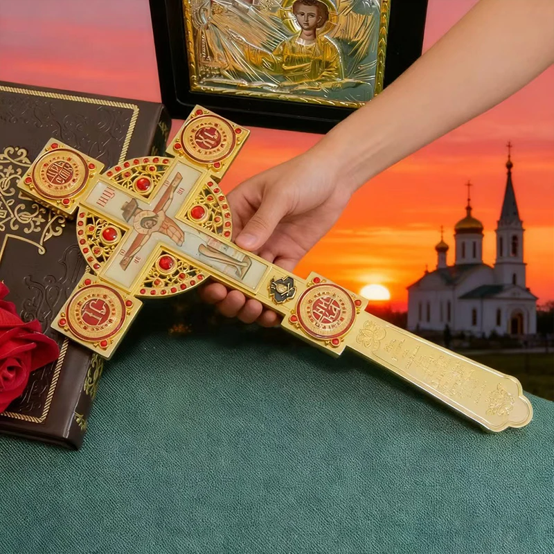 Enamel Orthodox Blessing Cross with Crucifix Gold-Plated & Red Crystal Accents Handheld Liturgy Cross in Elegant Gift Packaging