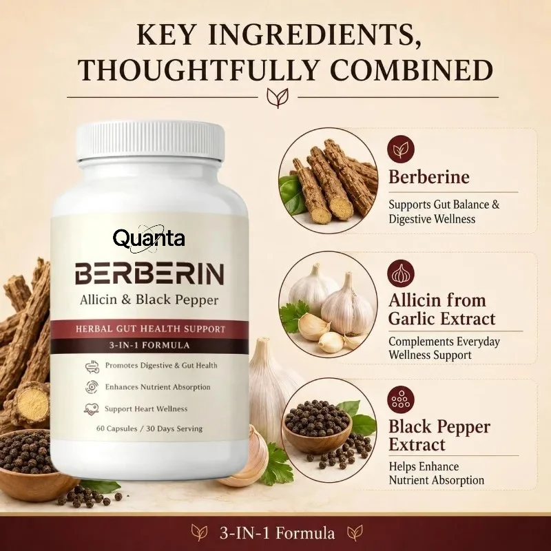 Berbino Berberine Complex with Garlic Extract, for Digestive Support, Plant-Based Formula, Non-GMO, 60 Capsules