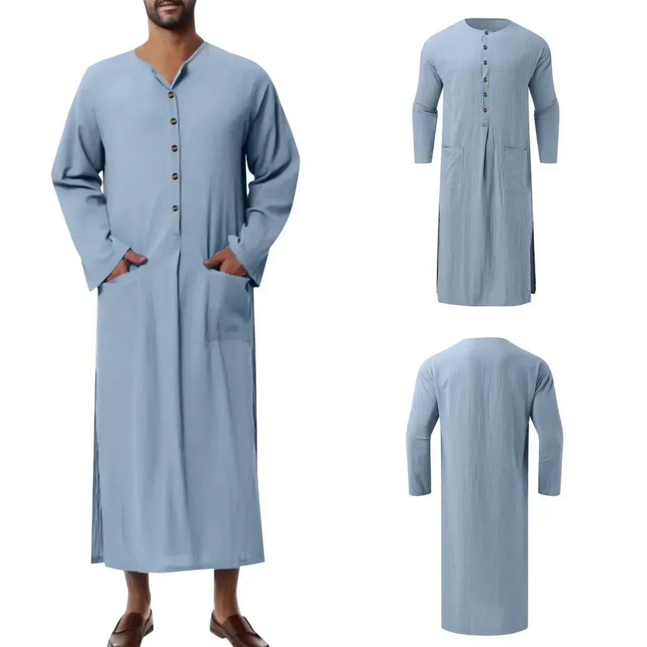 Dubai Saudi Arab Men New Style Muslim Loose Stand Collar Long Sleeve Obe Abaya Casual Male Islamic Arabic Muslim Kaftan 2025