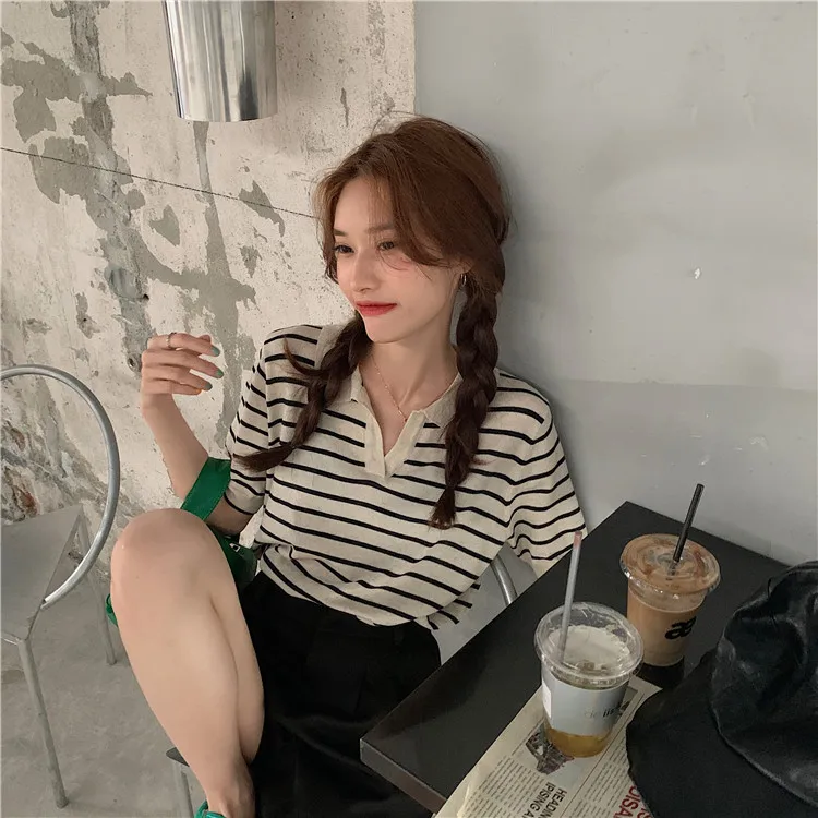 

Spring Summer New Sle Women's Ne ort Sve Knitted Sweater Loose Thin f Sve Striped Faionable Top
