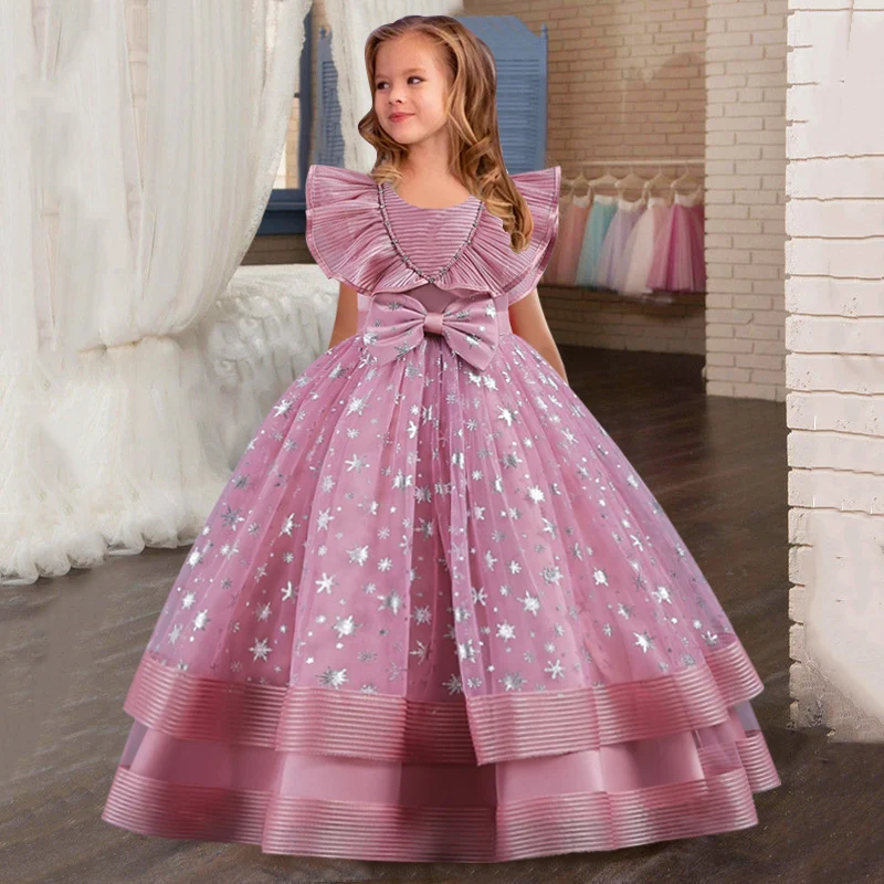 2023 summer girls princess dress pattern tail small dress children bow tie neckline evening dress short-sleeved satin tutu skirt