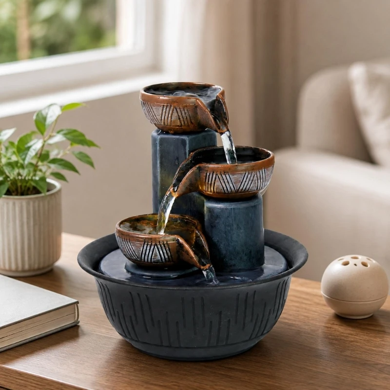 Tiered Tabletop Fountain with Cascading Water Flows, Integrated Warm-Tone LED Light, and Three Staggered Bowls for Indoor KXRE