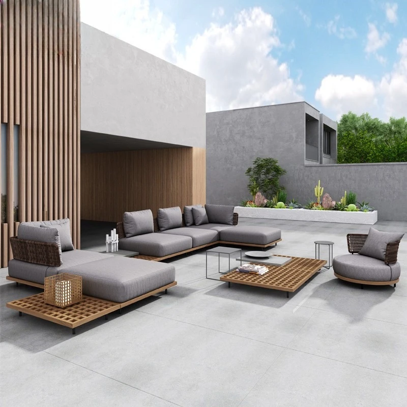 أريكة في الهواء الطلق فناء فيلا مصمم حديقة الشمال مقاوم للماء واقية من الشمس كرسي الروطان مزيج الأثاث الترفيهي من خشب الساج #2