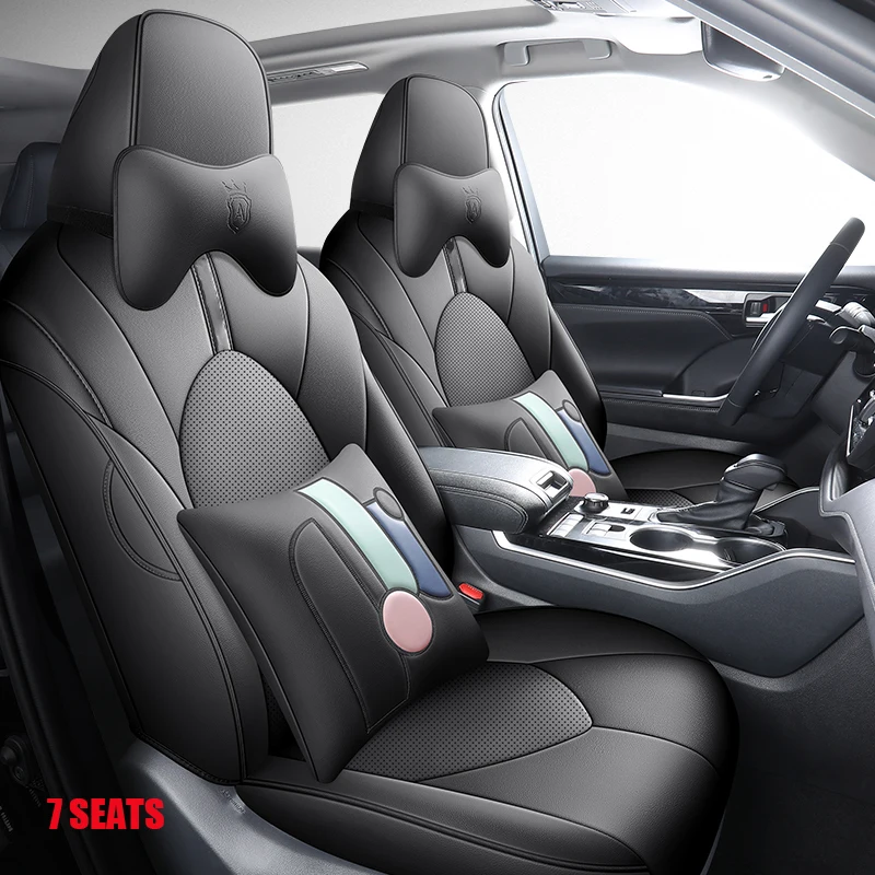7 Seats Custom Fit Car Seat Covers For Toyota Highlander 2022 2023 2024 -Three Rows, Faux Leather Second Row 40/60 Split