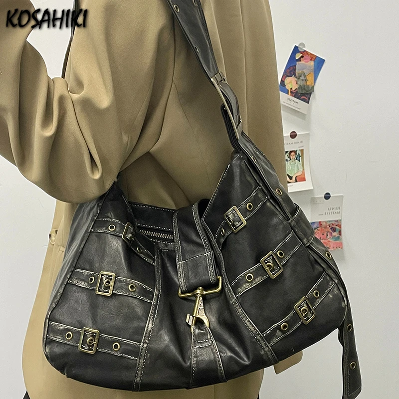 High-capacity Punk Belt Zipper Shoulder Bags Vintage Y2k Aesthetic Luxury Ins Handbags Women Wide Strap Streetwear Underarm Bag