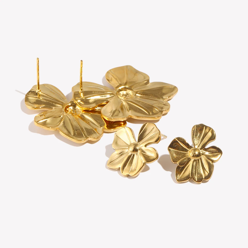 E.B.belle Five Petal Flower Large and Small Earrings 18K Gold Plated 316L Stainless Steel earrings for women Accessories