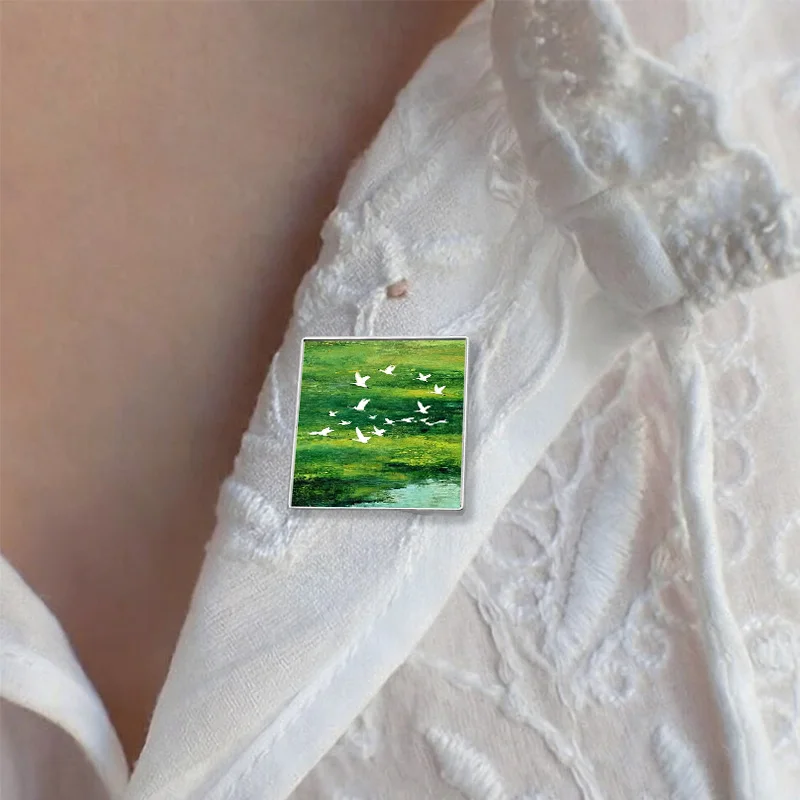 Customizable Nature Scenery Enamel Pin Collection Mountain Sea Lake Sunset Crane Oil Painting Brooch Lapel Badge Accessory