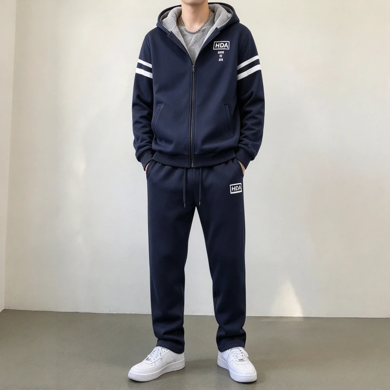 Winter Thick Sherpa Lined Tracksuit Men Hooded Zipper Cardigan Jacket Drawstring Pants 2 Piece Sets Men's Casual Sports Suit Set