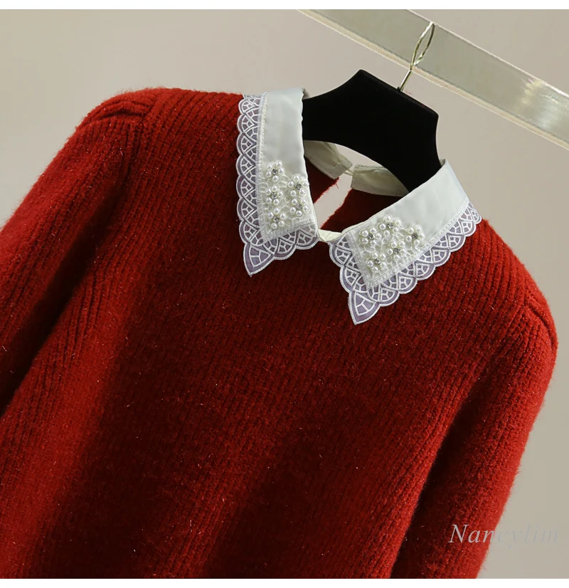 Bead-encrusted Diamond Lapel Long-sleeved Knitted Sweater Women 2024 Winter Short Embroidered Shiny Silk Red Pull Sweater